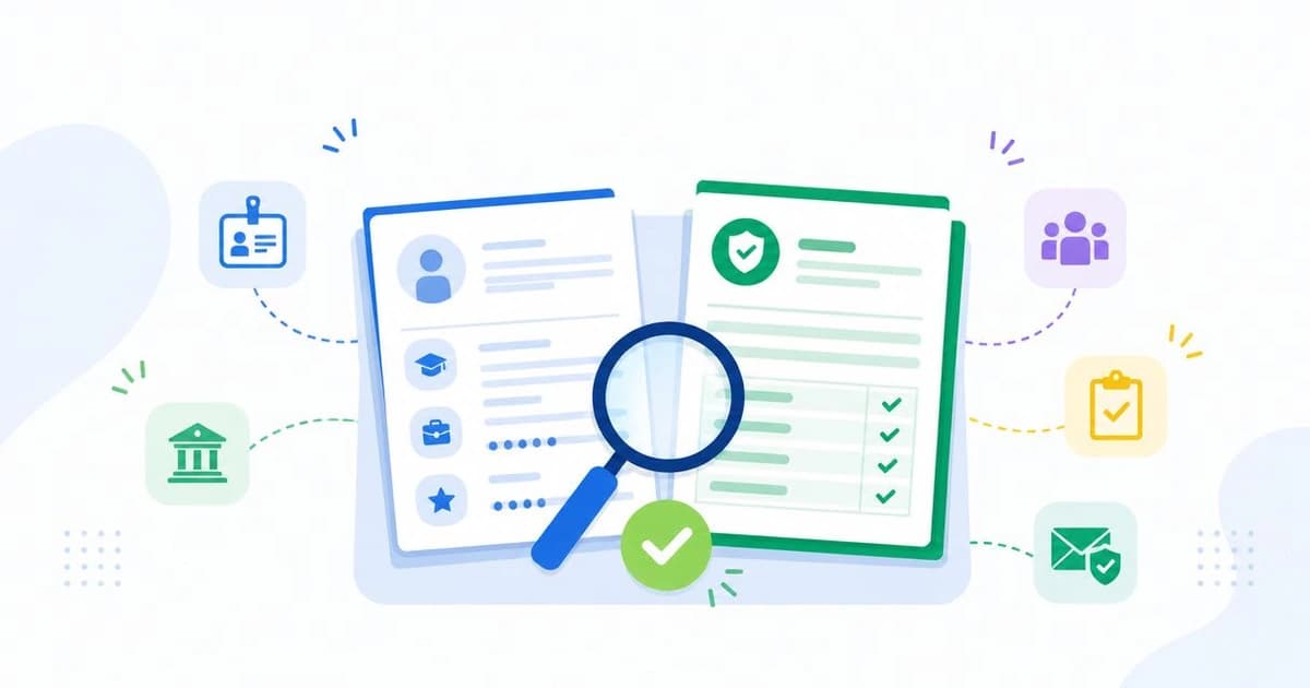 Background check employment history: a resume beside a verification report under a magnifying glass