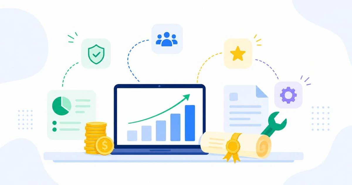 High income skills shown as a rising chart, coins, a certificate and a tool on a desk