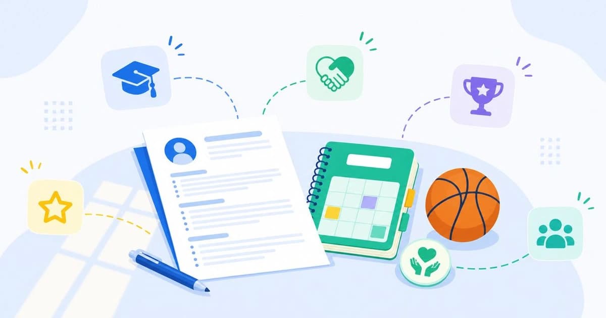 High school resume examples laid out on a student's desk with a planner and a volunteer badge